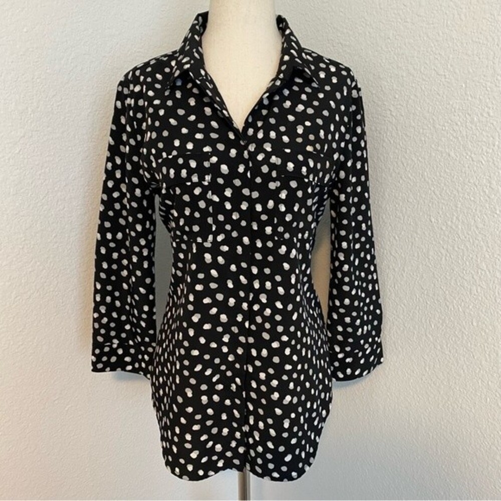 Liz Claiborne Black Silver Dot Concealed Button Front Lightweight Blouse S